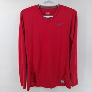 Nike Pro Shirt Womens M Red Long Sleeve Solid V-Neck Compression Athletic Top